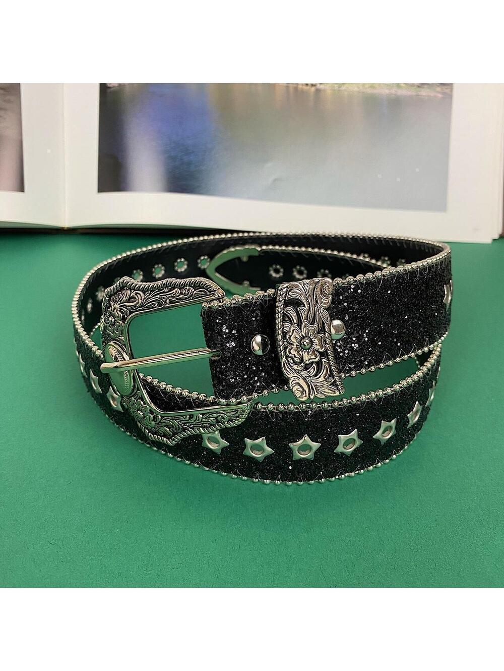 Y2k Style Studded Black and Silver 2-Tone Rhinestone belt. Cool grunge/punk - Picture 4 of 8